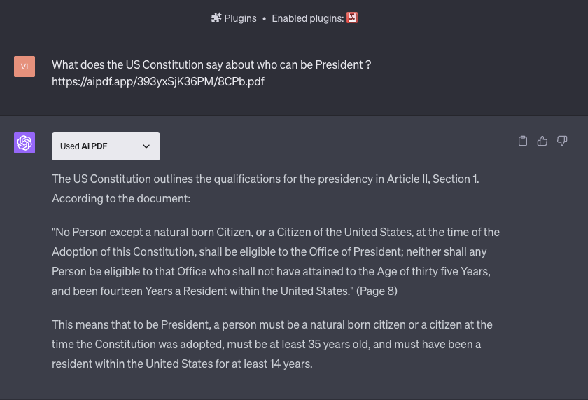 Shows how to ask a question to a single PDF: What does the US Constitution say about who can be President? https://aipdf.app/393y%C3%97SjK36PM/8CPb.pdf 