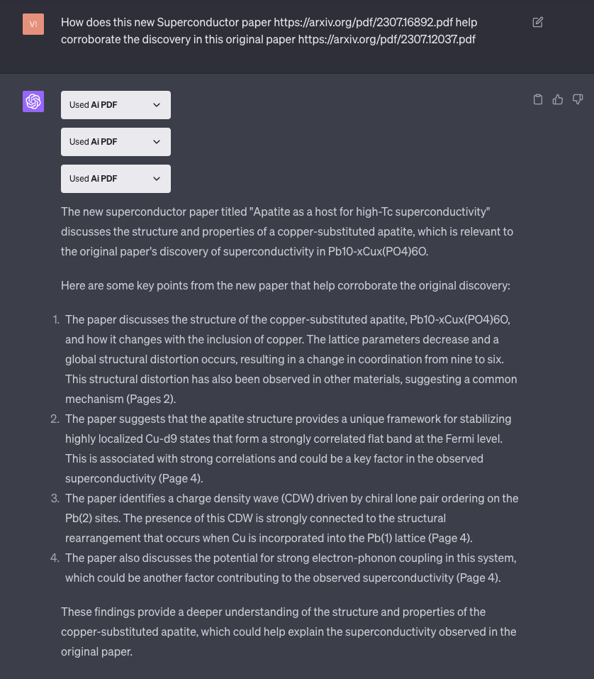 Shows how to ask a question to two PDFs: How does this new Superconductor paper https://arxiv.org/pdf/2307.16892.pdf help corroborate the discovery in this original paper https://arxiv.org/pdf/2307.12037.pdf 